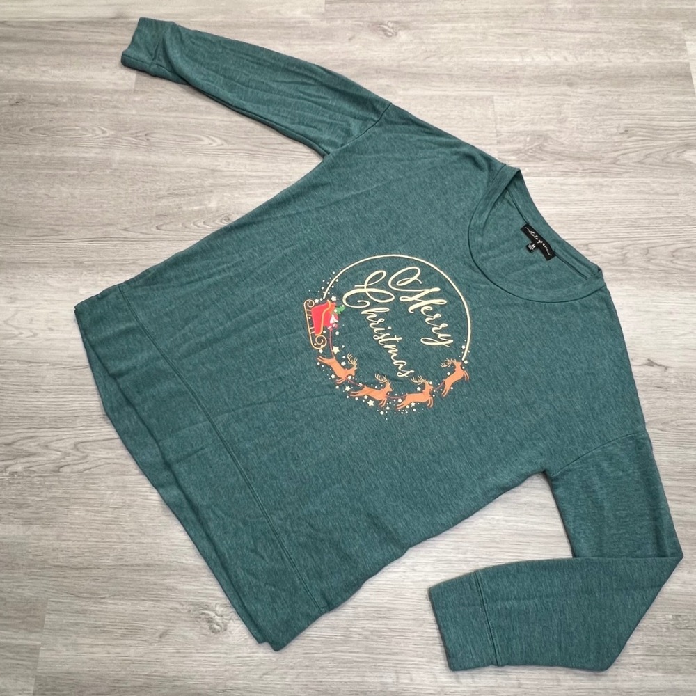 State of Mine Merry Christmas Reindeer Sleigh Graphic Long‎ Sleeve Top Sz M Teal